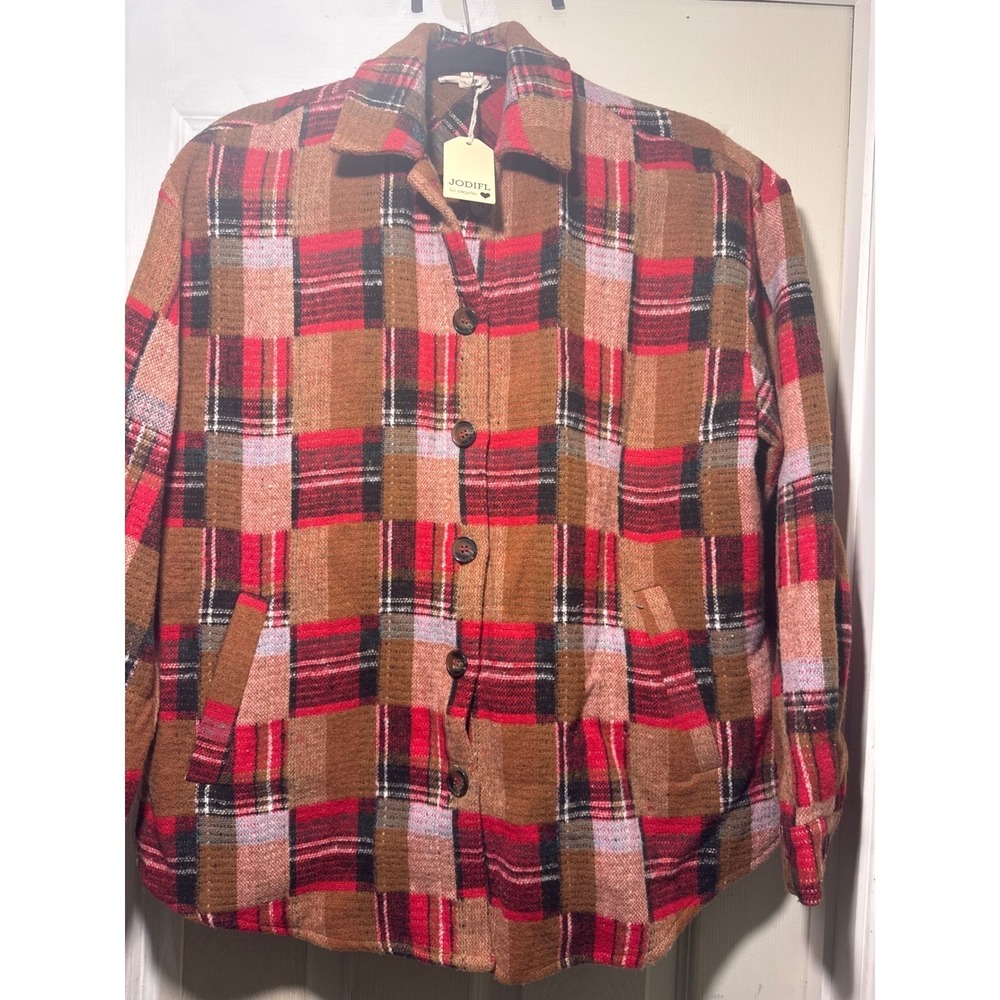 JODIFL Los Angeles Plaid‎ Patchwork Shacket Jacket Shirt Red Brown Women's S